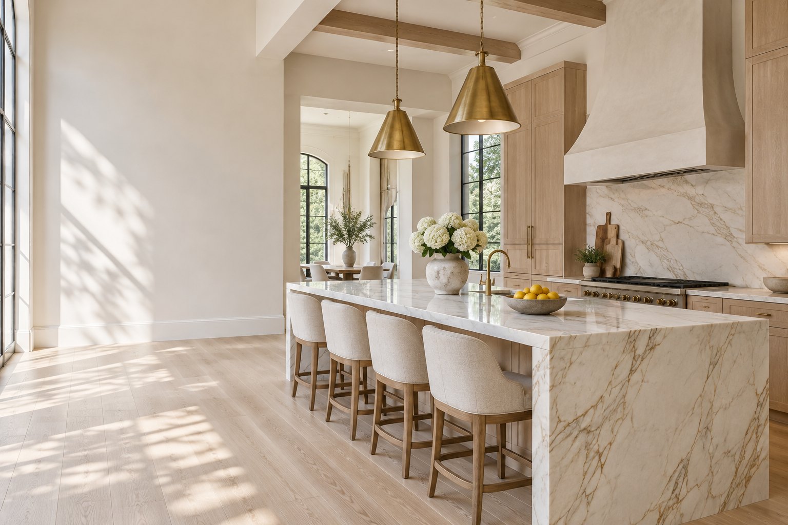 Bright modern luxury kitchen with a marble waterfall island and brass pendants