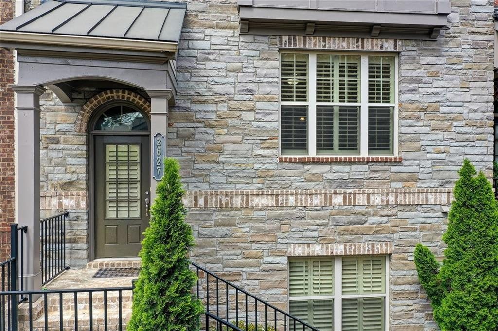 Stone entry and front door, 2627 Vintage Drive, Alpharetta GA